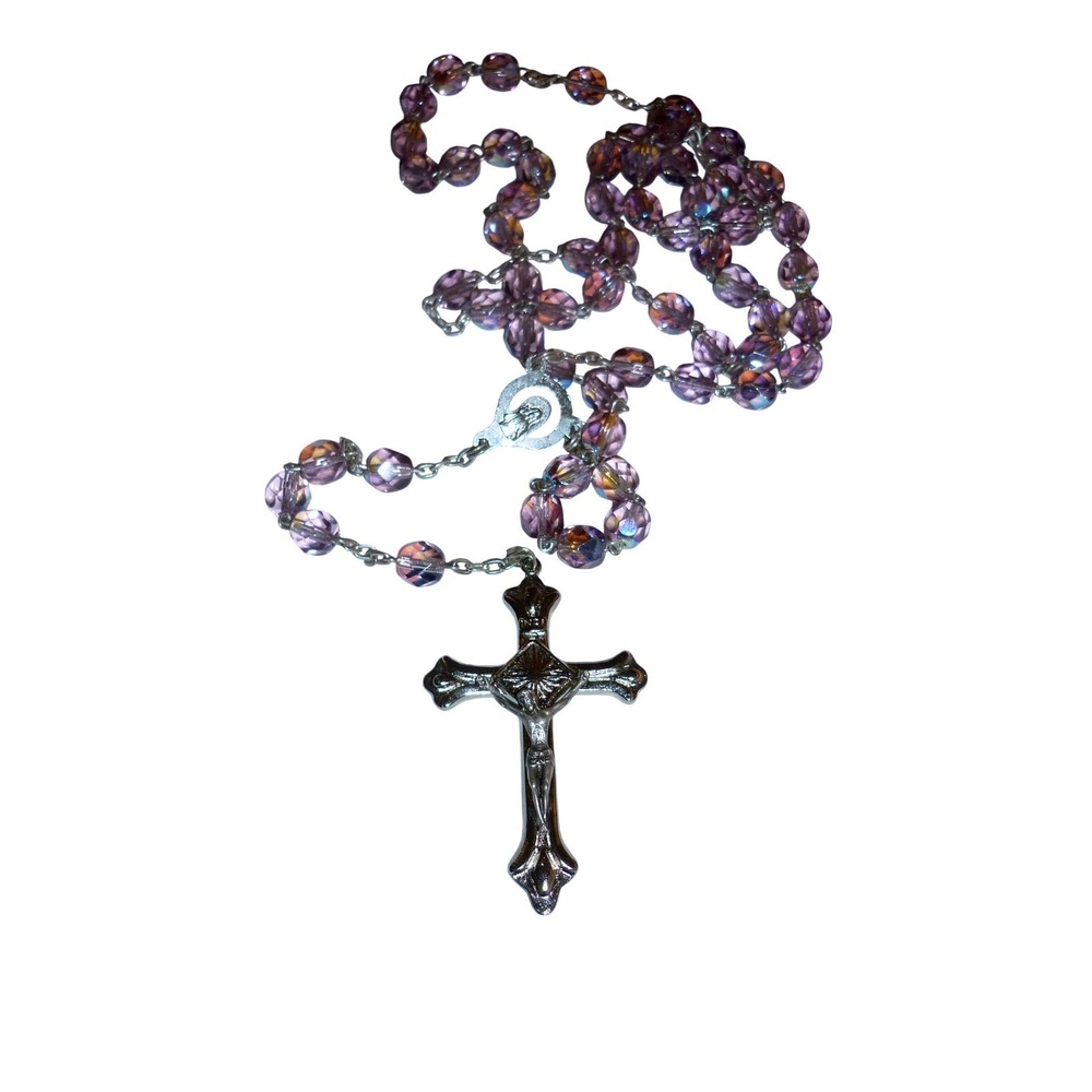 Vintage Purple Aurora Borealis Glass Bead Rosary Silver Tone Crucifix Necklace
